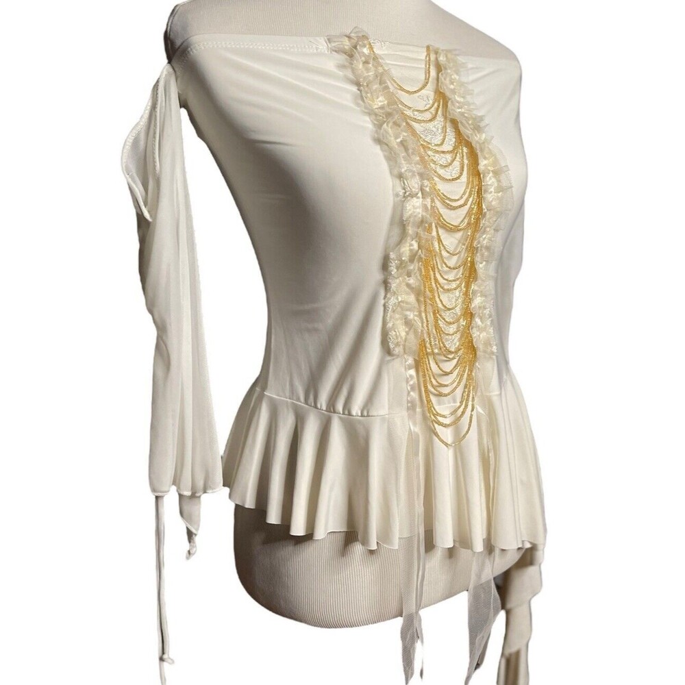 Co-me Como Women’s Large Asymmetrical Beaded Top White Off-Shoulder Fairy VTG